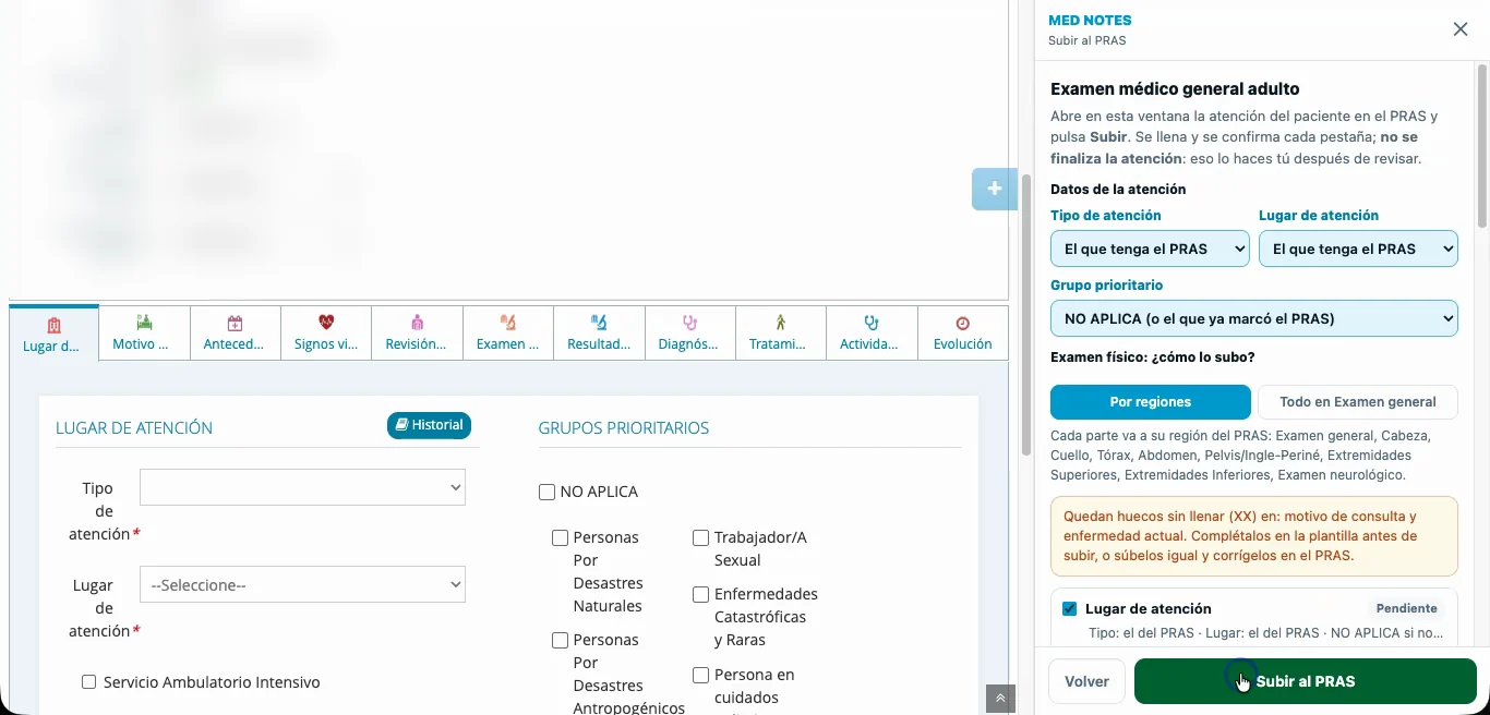 Panel de MedNotes con la pantalla «Subir al PRAS» al lado de una atención abierta en el PRAS