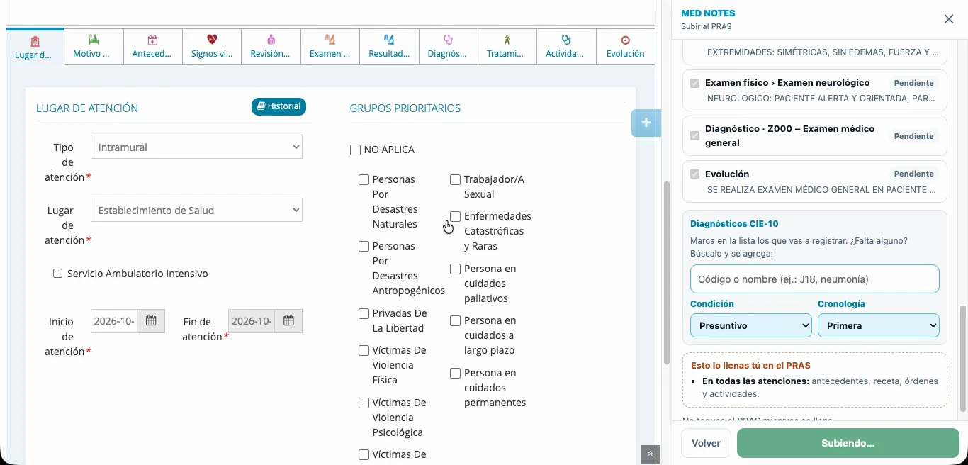 Pestaña Lugar de atención del PRAS llenada por la extensión, con el panel mostrando «Subiendo…»
