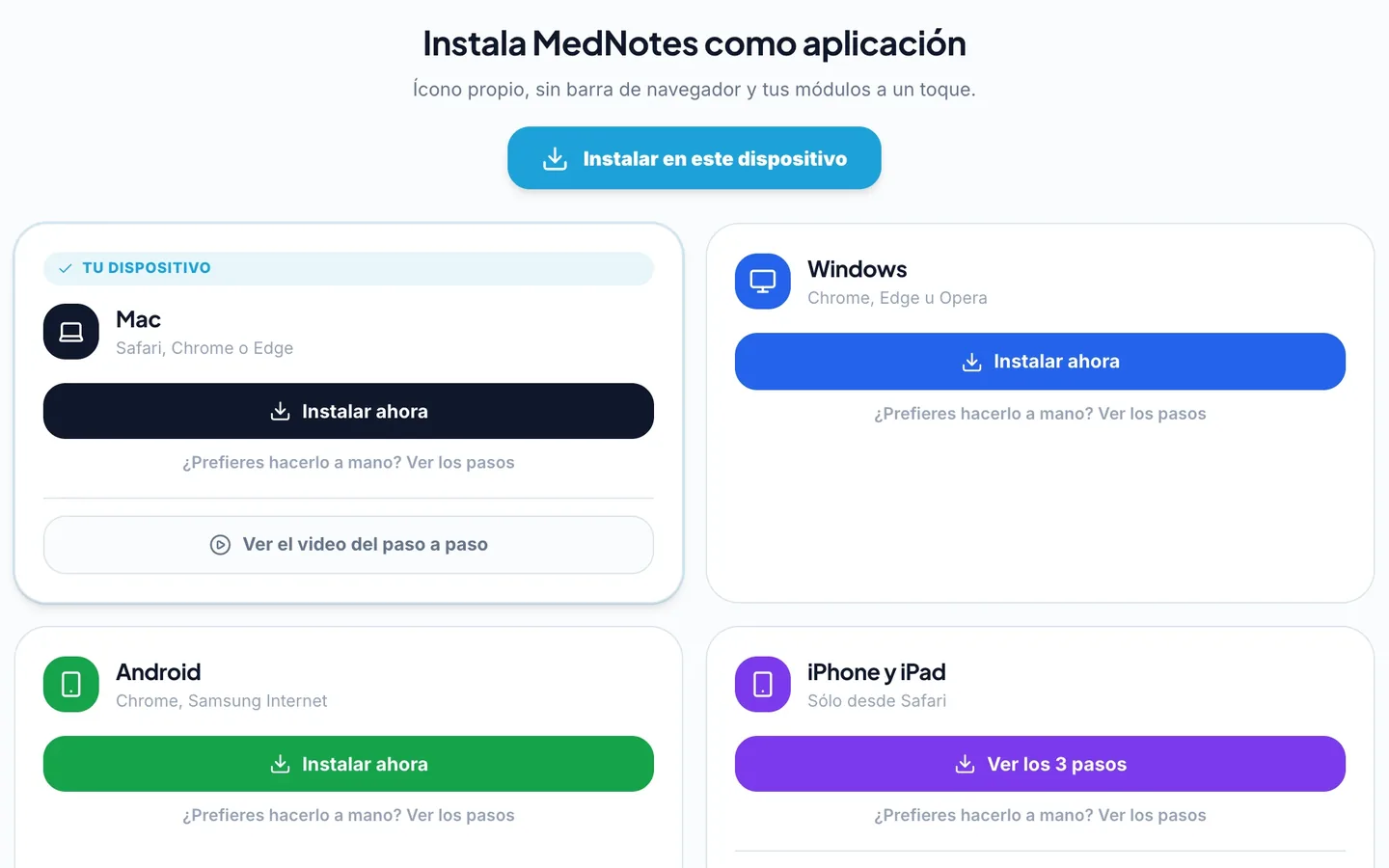 Página para instalar MedNotes en Mac, Windows, Android y iPhone