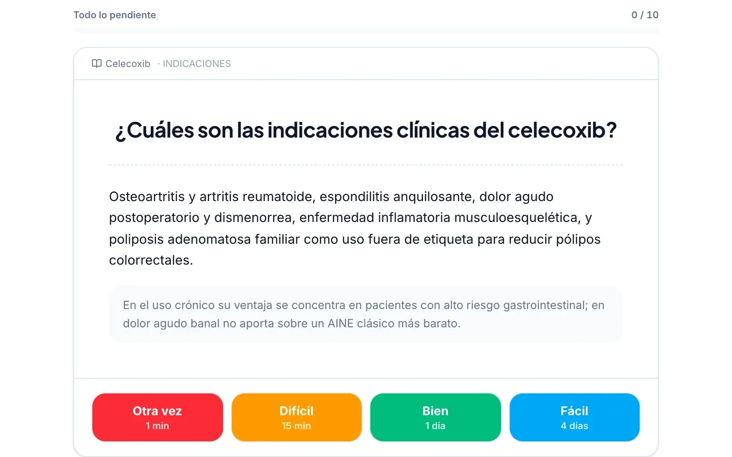Flashcard de la Biblioteca con la respuesta a la vista y los botones Otra vez, Difícil, Bien y Fácil