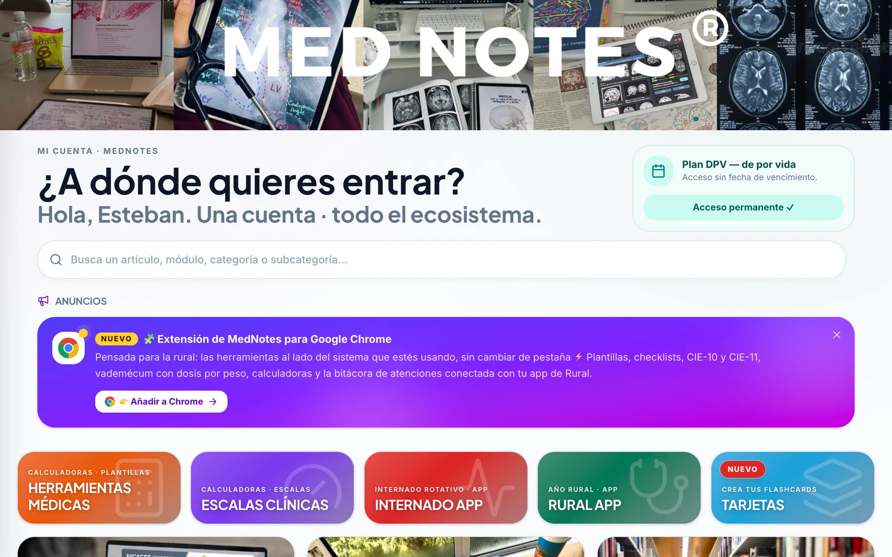 Inicio de MedNotes con todos los módulos en una laptop