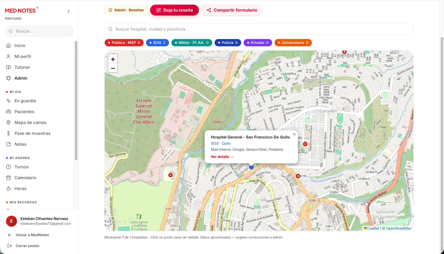 Mapa de hospitales del internado con reseñas